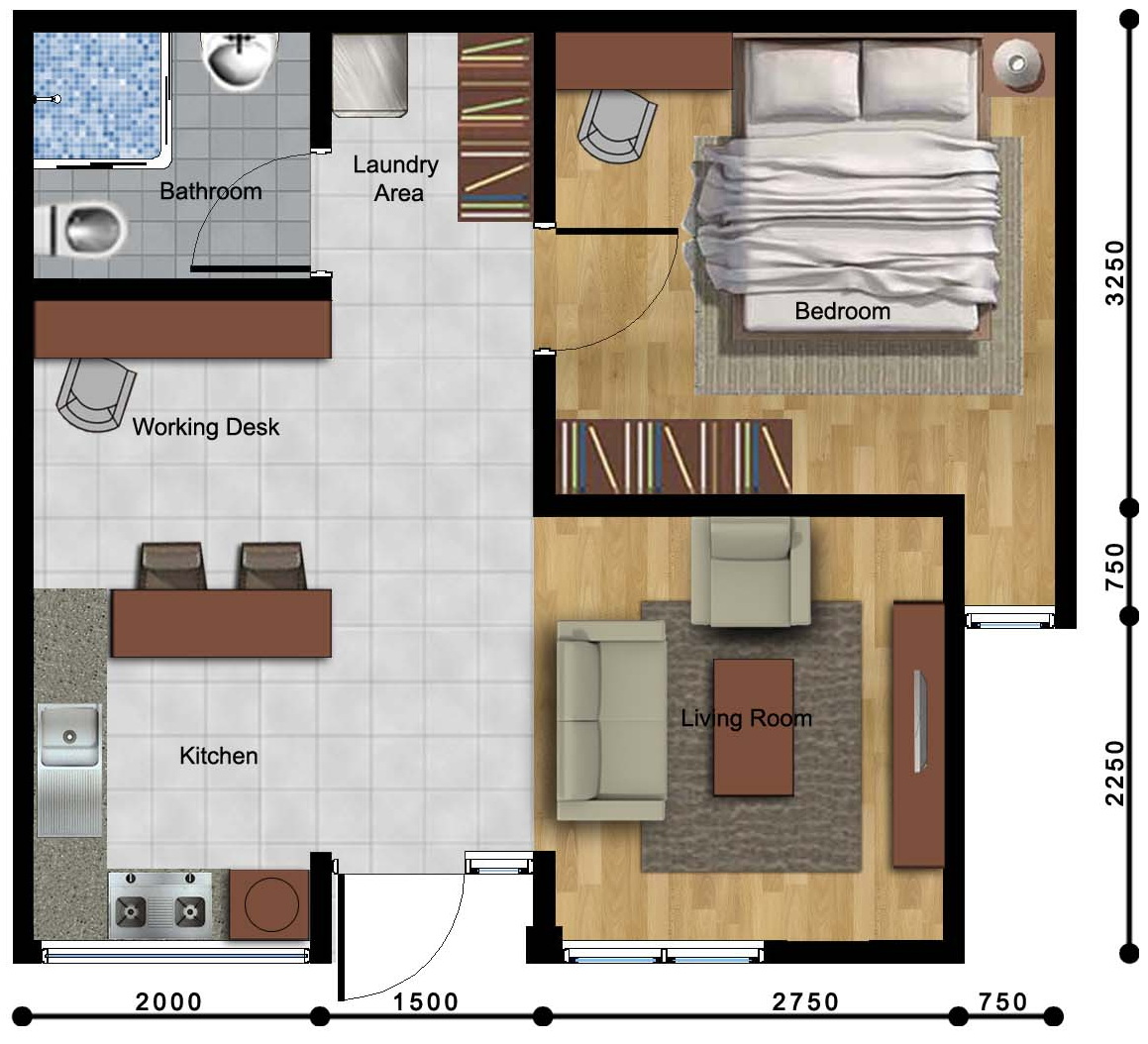 Denah unit Condo: kamar tidur terpisah, ruang duduk, dapur, area laundry, meja kerja, dan kamar mandi dalam